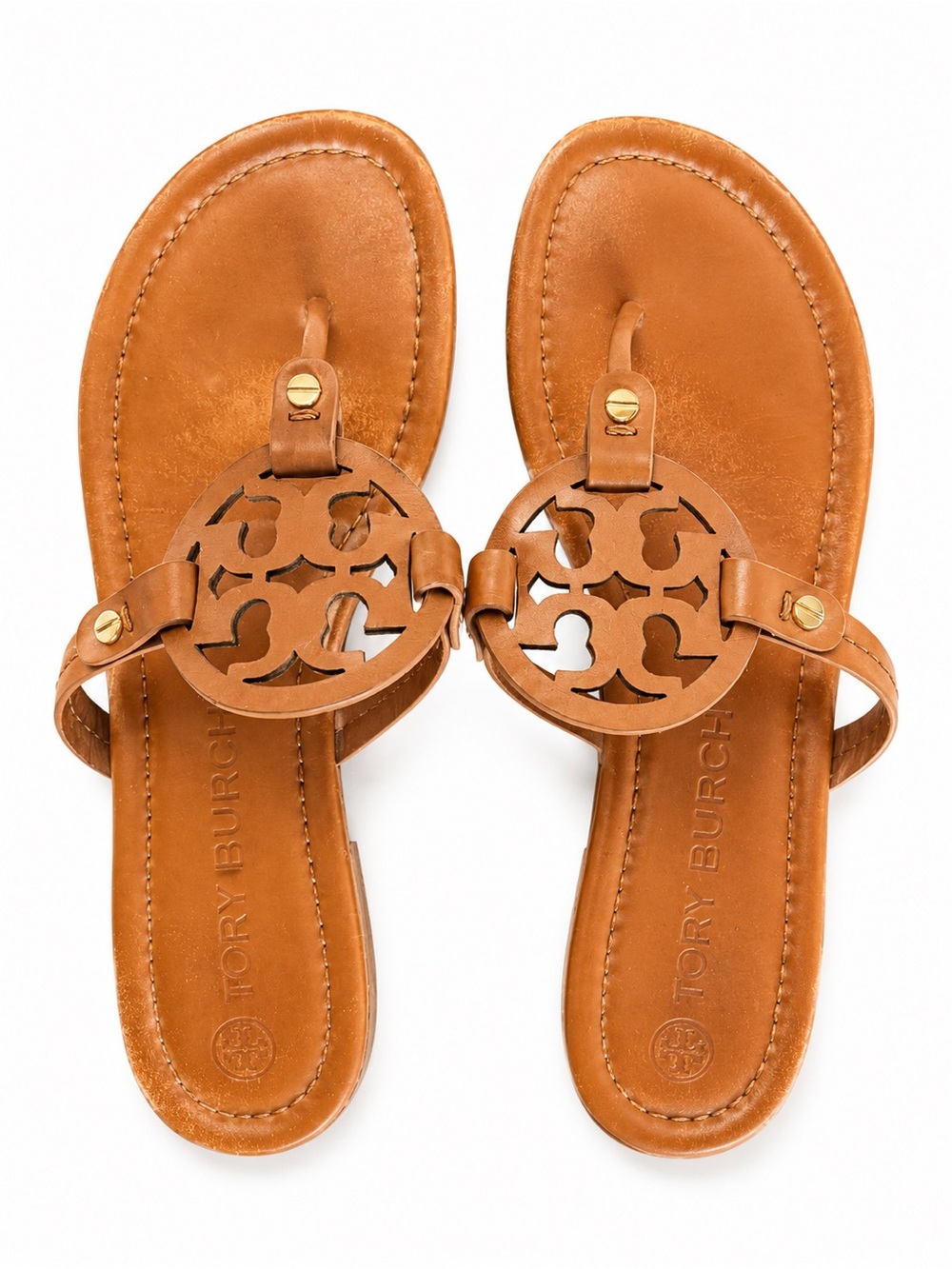 Tory Burch Miller Leather Logo Thong Sandals Brown Cognac Size 9M